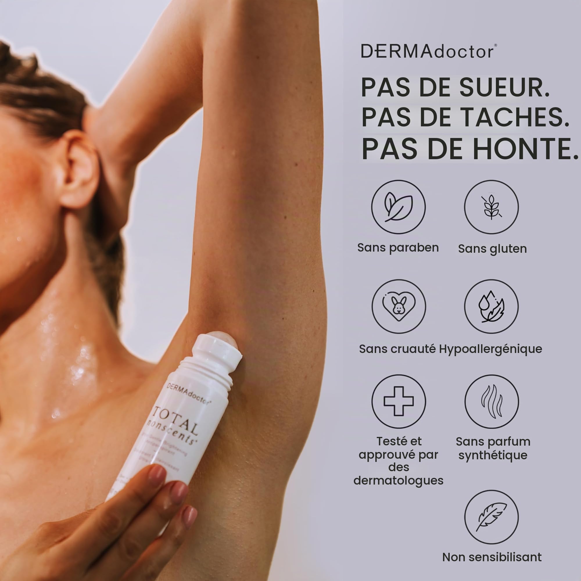 DERMAdoctor Déodorant Femme et Homme Total NonScents – Deodorant Anti Transpirant Femme Ultra-Doux Peaux Sensibles, Éclaircissant Teint Aisselles, Sans Parfum, Hypoallergénique Roll-On 90 ml