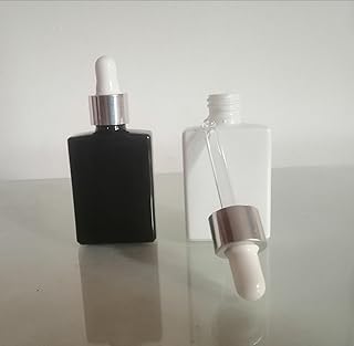 زجاجات قطارة فارغة من الزجاج مربعة قابلة لاعادة التعبئة والملئ 30 مللي- قطعتان - لون ابيض واسود وغطاء فضي