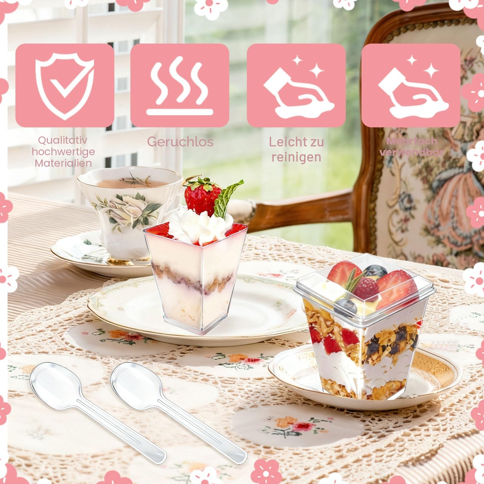 50 Stück Dessertgläser Plastik, Dessertbecher Plastik Wiederverwendbar 160ml Dessertschalen mit Deckel für Eiscreme Pudding Mousse Party Picknick