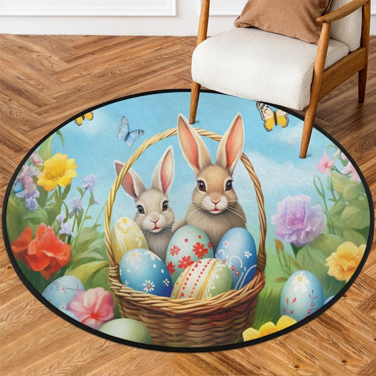 Rug Area, Eggs Rabbit Butterfly Rug Accent Anti-Slip Distressed Protector Gaming Computer Chair Mat Throw Rugs Floor Carpet for Living Room Bedrooms Laundry Decor Gaming Diameter 63in