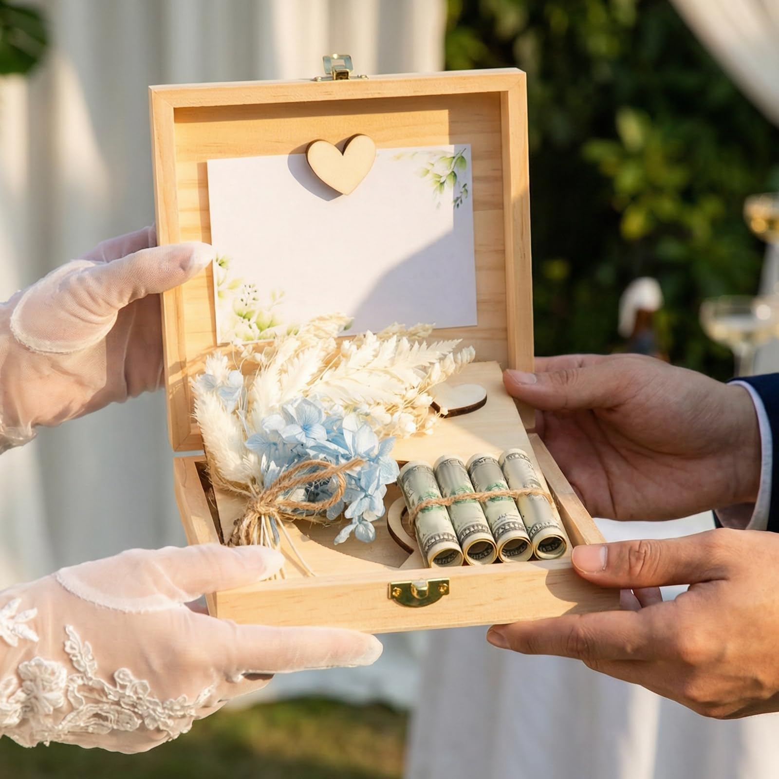 shaojian Wood Cash Gift Box Wooden Keepsake Case with Dried Flowers, Metal Buckle & Greeting Card, Creative Wedding Gift Chest Romantic Memory Storage Box for Wedding Engagement Anniversary Birthday