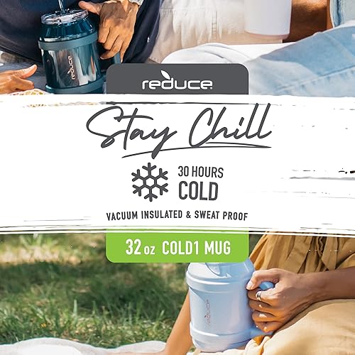 Miniatura 2 de REDUCE Vaso reutilizable de 32 onzas con asa, botella de agua de acero inoxidable aislada para el hogar, gimnasio u oficina, con popote o tapa