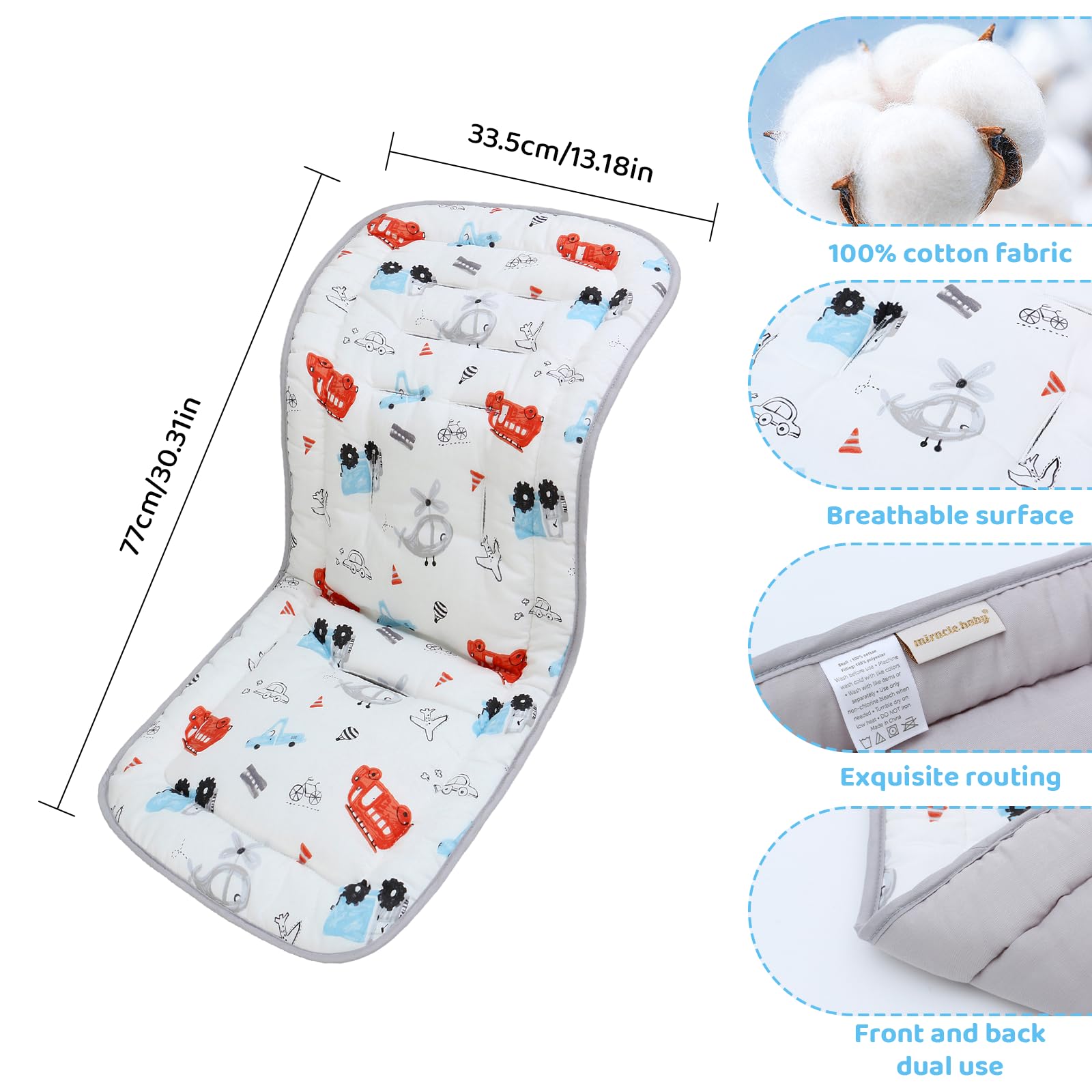 LAT Universal Pram Liner, Baby Pushchair Seat Liners, Cotton Double-Sided Use Baby Stroller Cushion Pad - Image 3