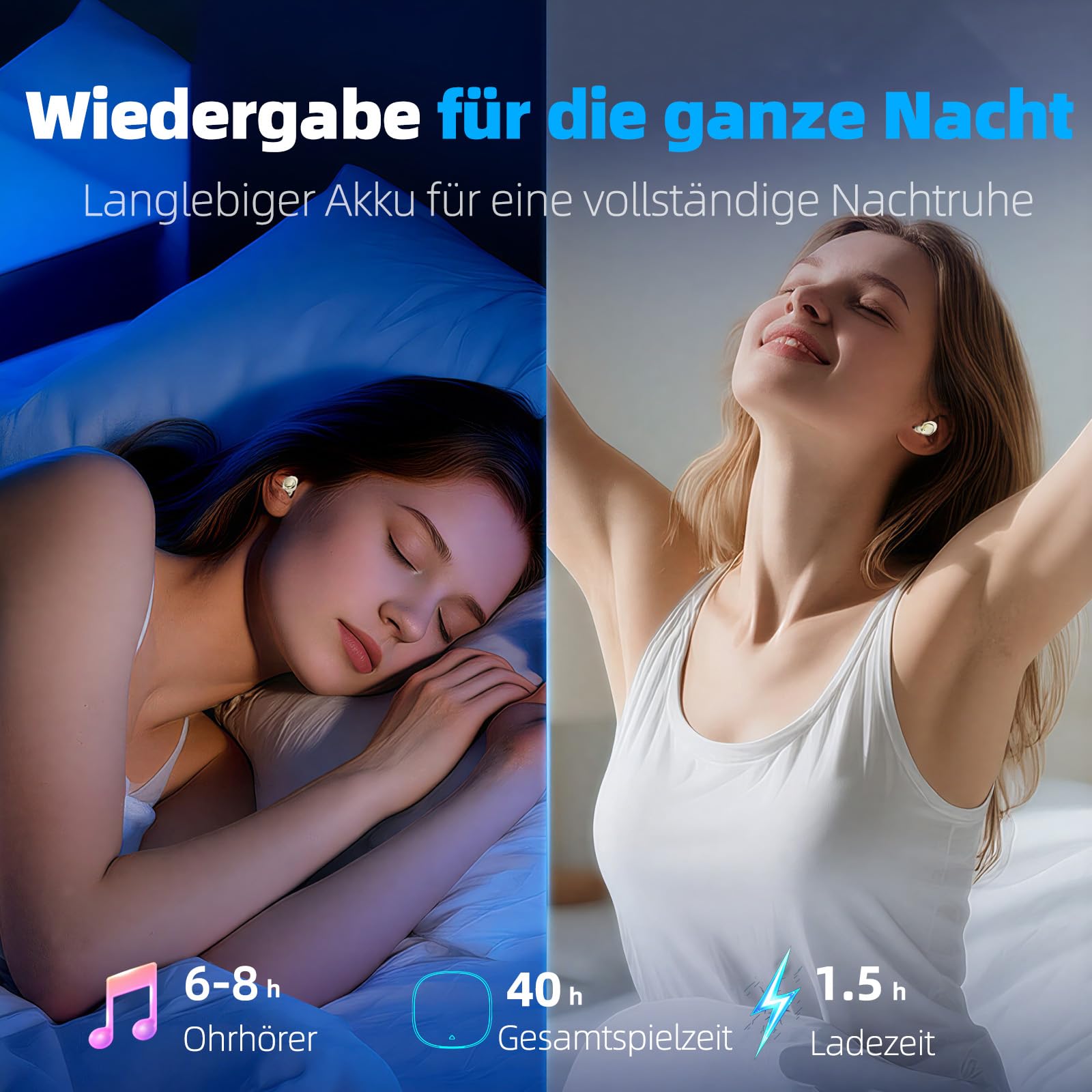 Bluetooth Kopfhörer Kabellos, Schlaf kopfhörer Seitenschläfer 2026, Schlafkopfhörer Bluetooth 5.4 mit White Noise, 6 EQ Sleep Earbuds, Mini Ohrhörer zum Schlafen 40Std, In Ear Kopfhörer LED