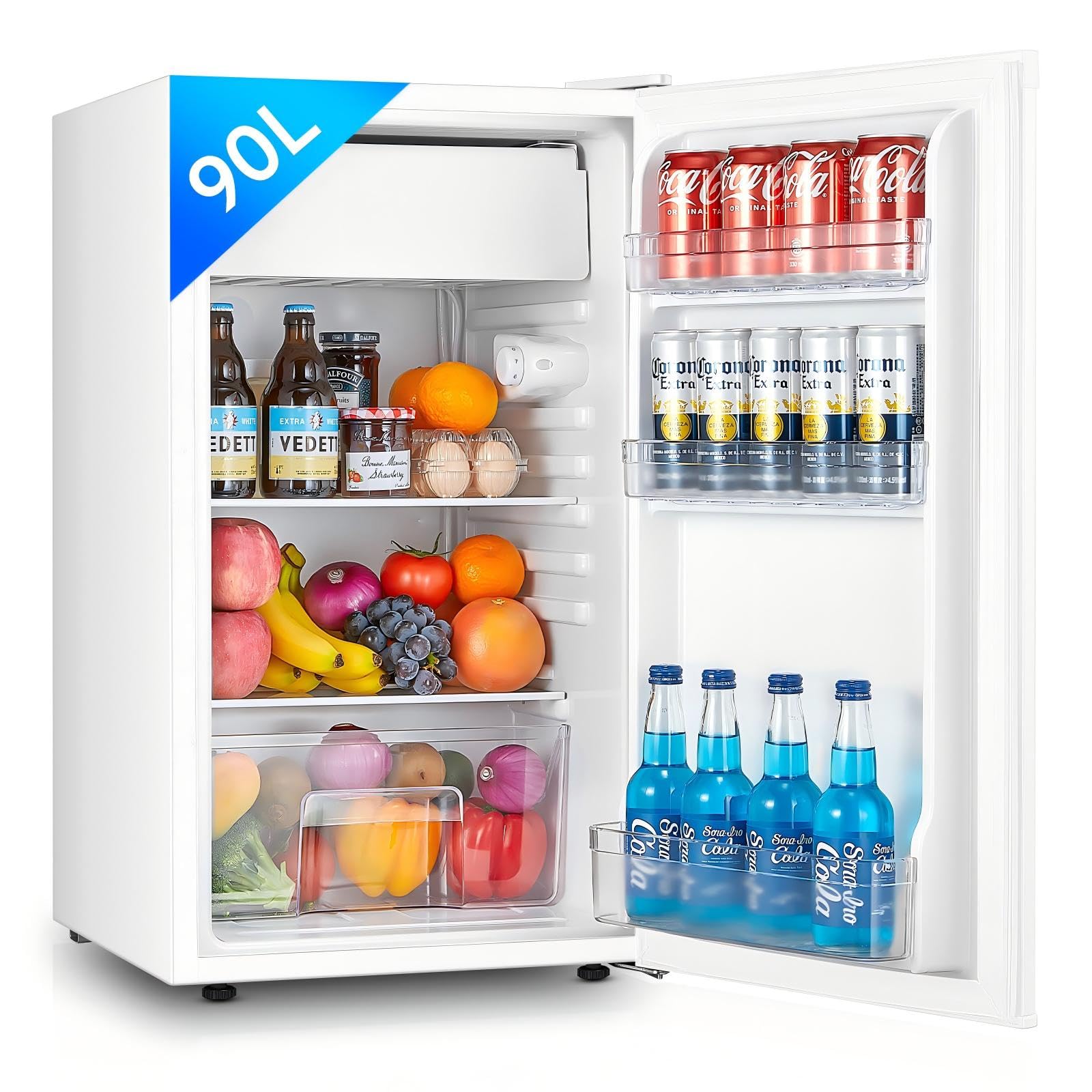 FOHERE Frigorifero Piccolo 91L con Freezer, Frigorifero Monoporta, Silenzioso, 7 Termostato Regolabile, Scomparto per Verdure, Mini Frigo da Ufficio, Camera, Bianco