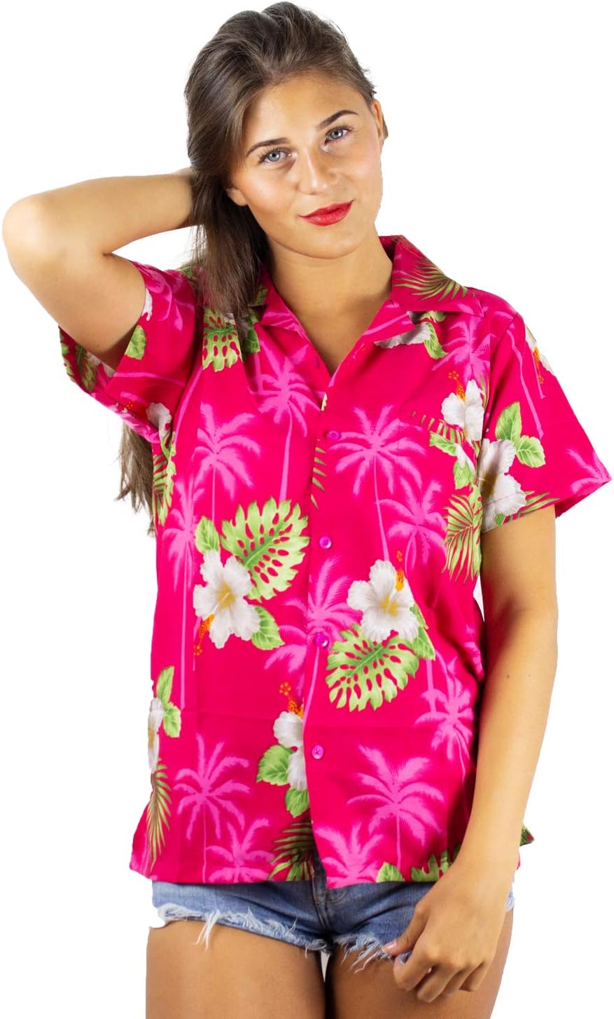 V.H.O.Funky Hawaiian Shirt Blouse Women Shortsleeve Frontpocket Hawaiian-Print Leaves Flowers Allover Unisex