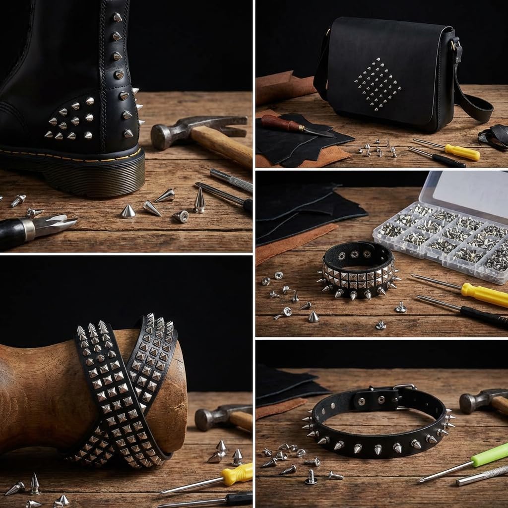 700 Pcs Punk Spikes and Studs Kit, Secure Screw-Back Leather Rivets for Crafts, Mixed 8 Size Cone Spikes and Square Pyrami Studs DIY Decoration for Biker Jackets, Shoes & Dog Collars