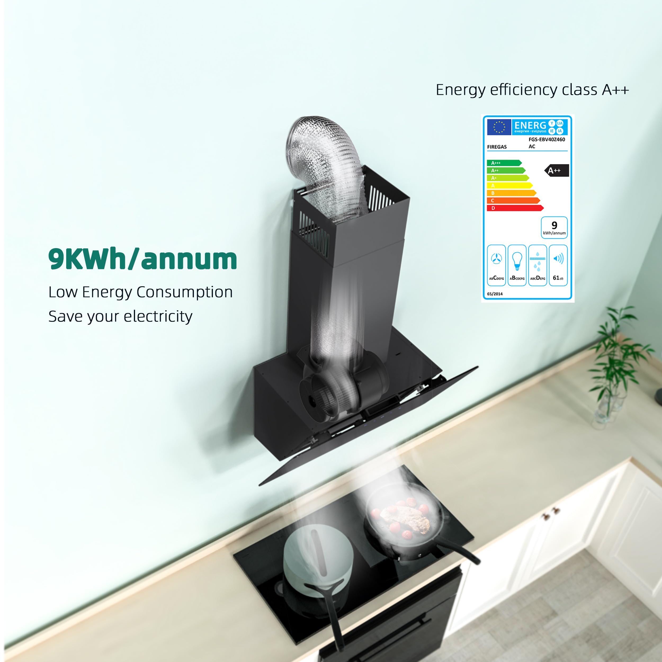 FIREGAS Hotte aspirante 60cm, Hotte aspirante à évacuation/circulation d'air avec Touch Control,LED, Moteur sans balais,silencieuse, Hotte aspirante puissante, Hotte inclinée, efficacité A++