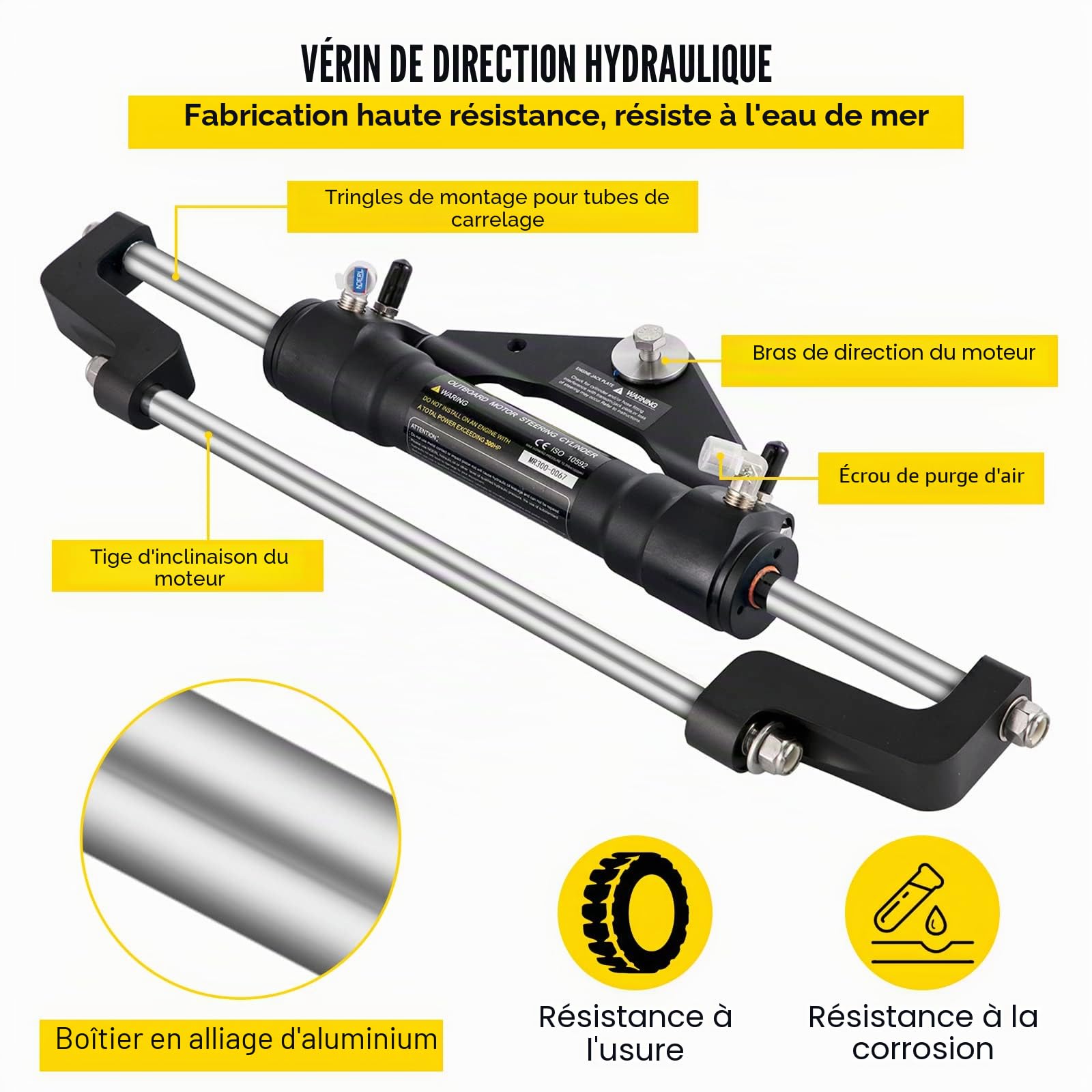VEVOR Kit de Direction Hydraulique pour Bateau 300 HP, Cylindre de Direction Hors-Bord, Pompe à Barre avec Volant et Tuyau de Direction Hydraulique de 5,5 m, pour Système de Direction des Bateaux