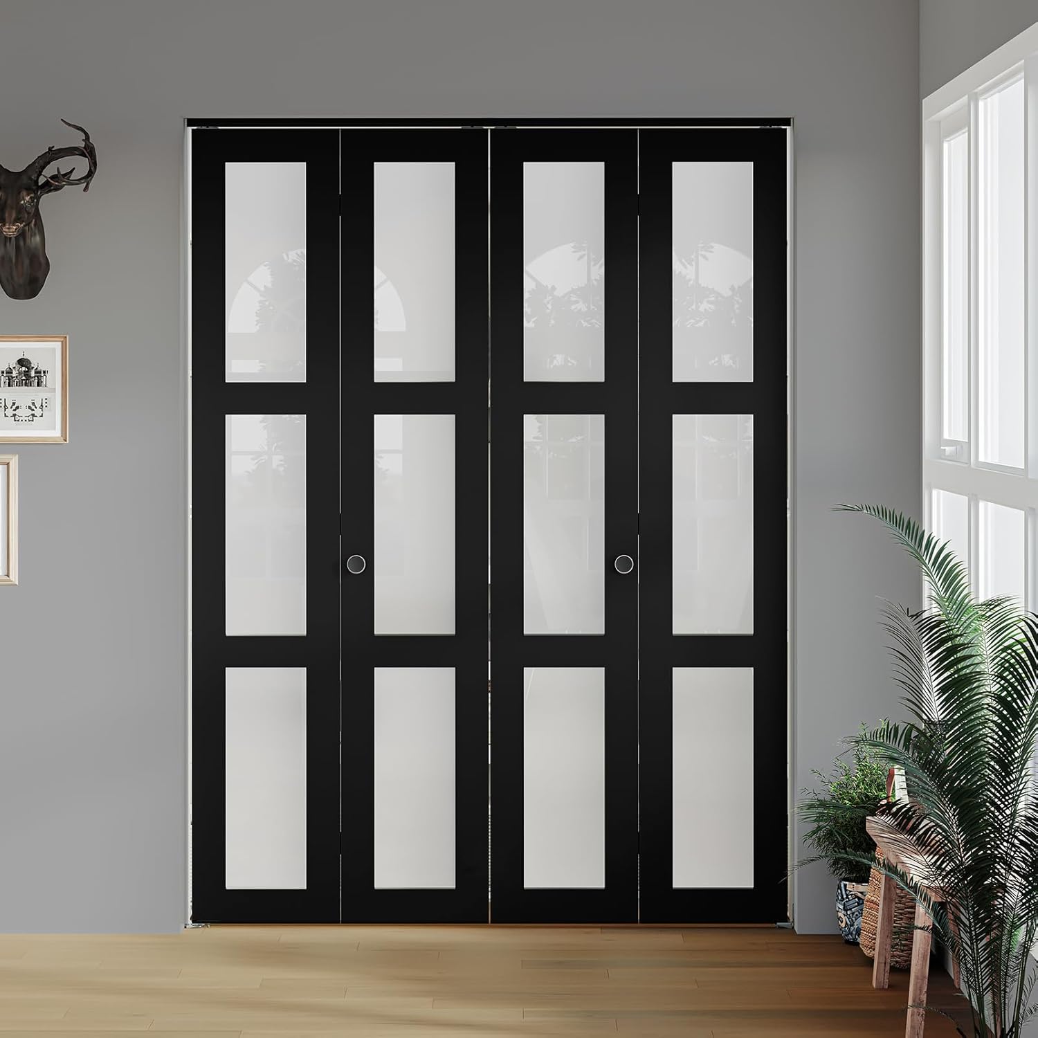 Bifold Door, for 56"x 80" Opening,Tempered Frosted Glass Black Folding Closet Door with Hardware Kit