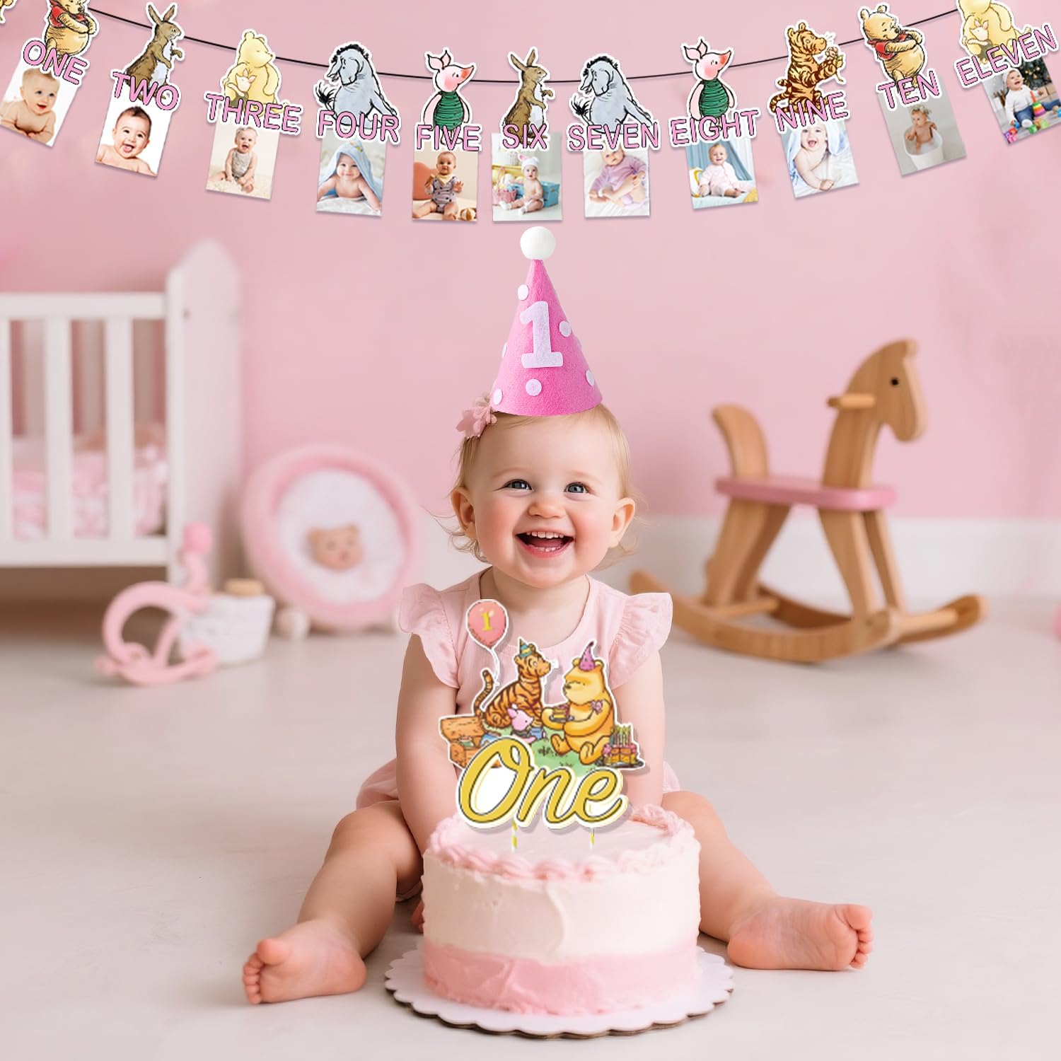 cocomigo 107pcs Classic Bear Birthday Decorations Complete Party Set, for Classic Bear Girl 1st Birthday Party, includes Photo Frame Banner, Balloon Chain Kit, Cake Toppers Kit, Table cloth, etc - Image 4