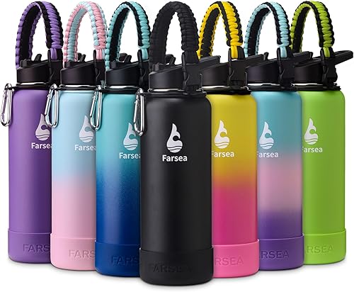 Farsea - Botella de agua térmica con asa de cuerda de paracaídas, base protectora y 2 tapas (tapa de pajita y tapa de boquilla), botella de acero