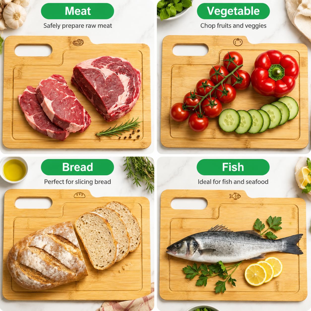 ZENFUN Set di 4 taglieri in bambù con supporto, set di taglieri in legno, set di taglieri con icone alimentari, tagliere da cucina ideale per carne, pesce, pane, verdura, frutta