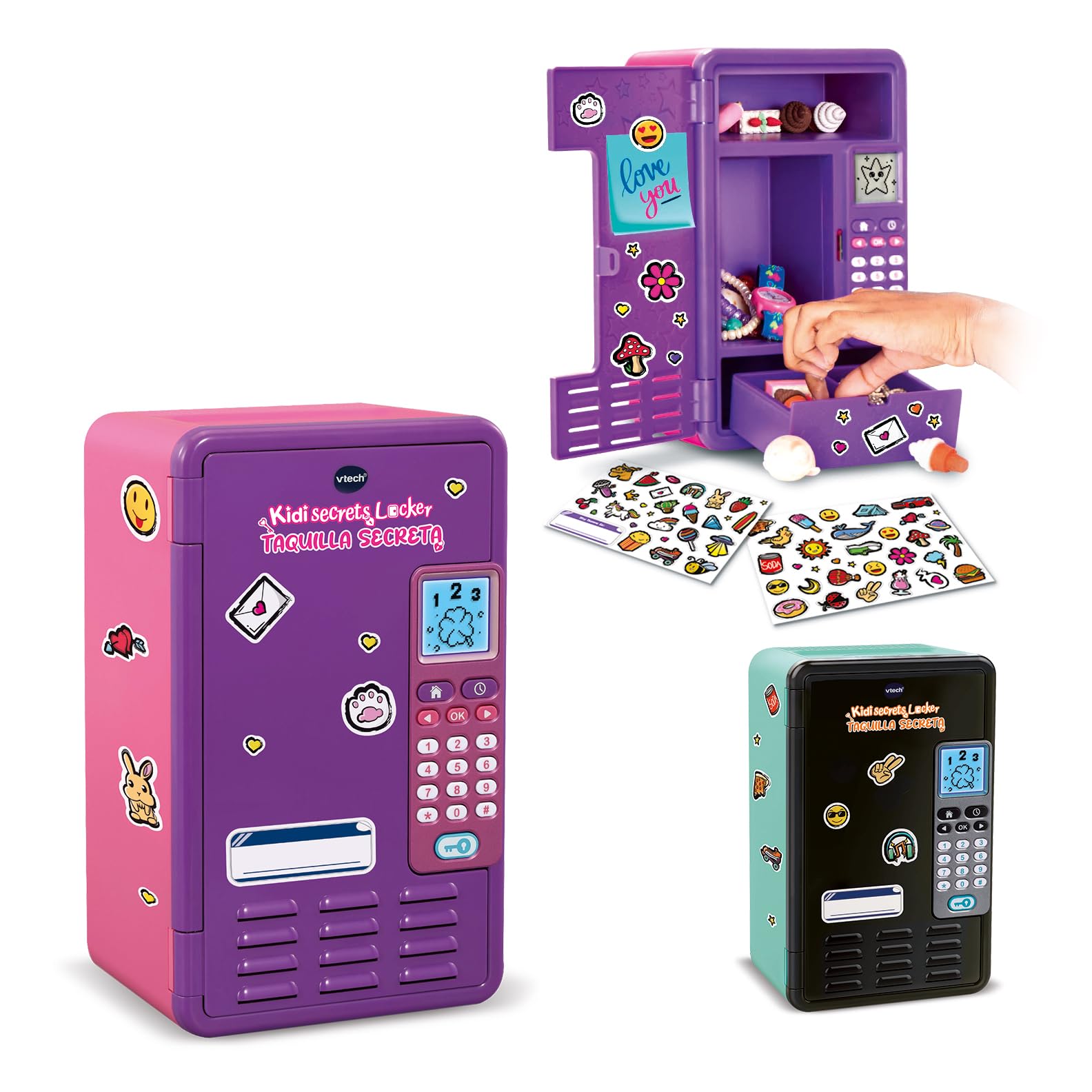 VTech - KidiSecrets Locker Taquilla Secreta, Caja Fuerte con código Secreto, Joyero niños, Personalizable, Pantalla LCD, Música, Alarma, Juguetes Electrónicos, Color Morado, Versión ESP