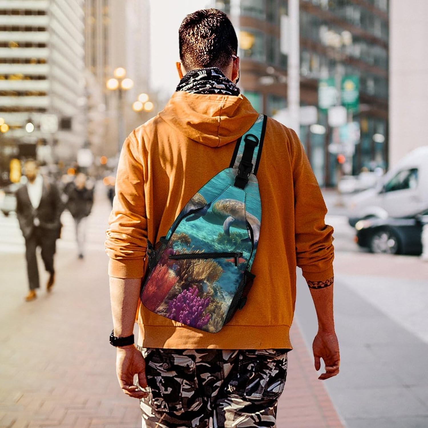 Man-atees Colorful Coral Men Crossbody Sling Backpack Chest Bag | Travel Fanny Pack,Hiking Daypack,Print Shoulder Bags