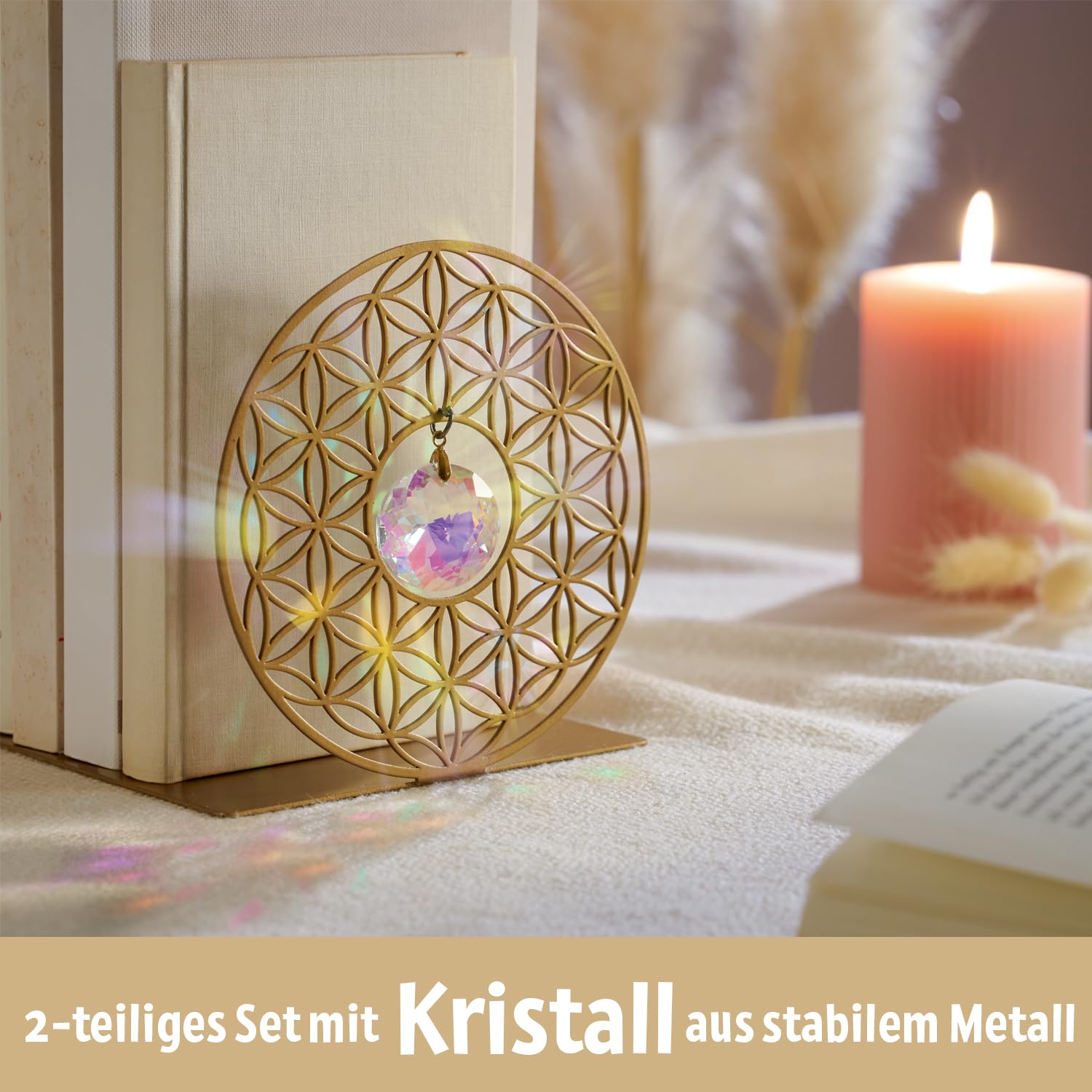 Moses. Omm for You Buchstützen Kristall – dekoratives Buchständer Set aus Metall, mit Sonnenkristall und Blume des Lebens, Yoga-Deko im 2er Set, Gold