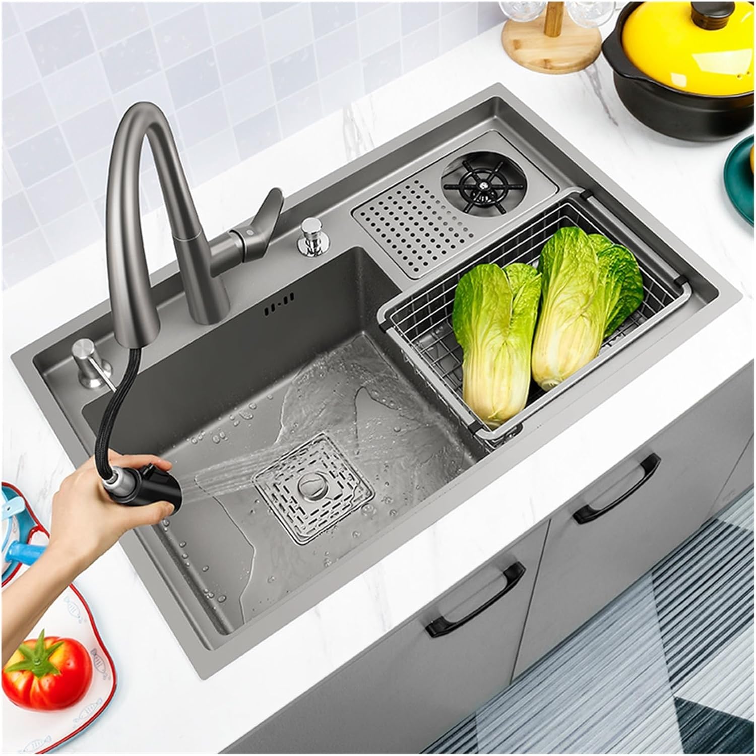 Home Furnishing Drop in Kitchen Sink Workstation Undermount Single Slot 304 Stainless Steel Sink with Drain Basket Accessories(68X48-T2)