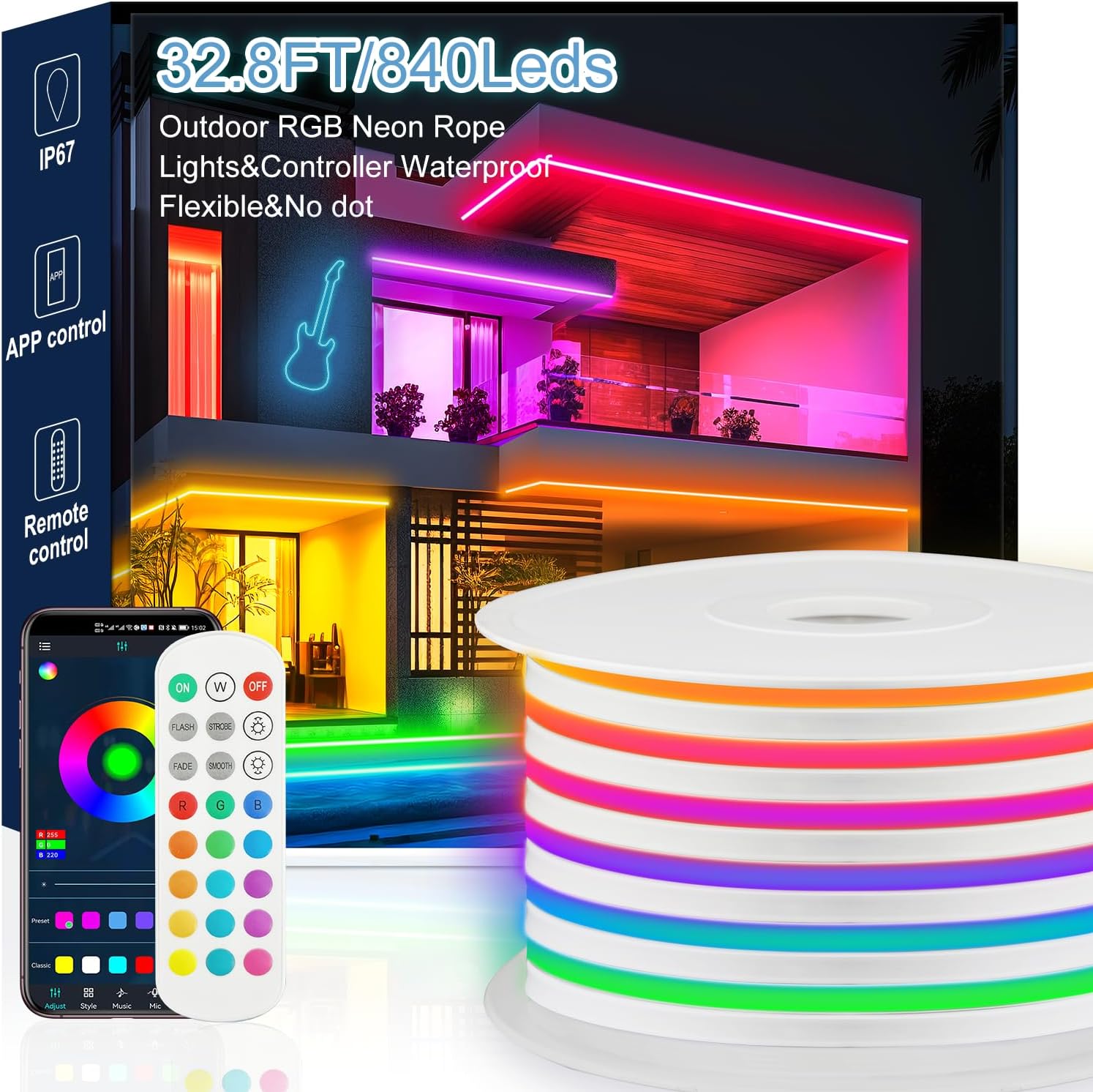 Neon Rope Lights 32.8Ft，Commercial Grade 110-120V RGB Outdoor LED Strip Lights Waterproof,APP Remote Control Music Timer Dimmable,84LEDs/m Rope Lights for Outside Pool Deck Yards Eave Indoor Outdoor