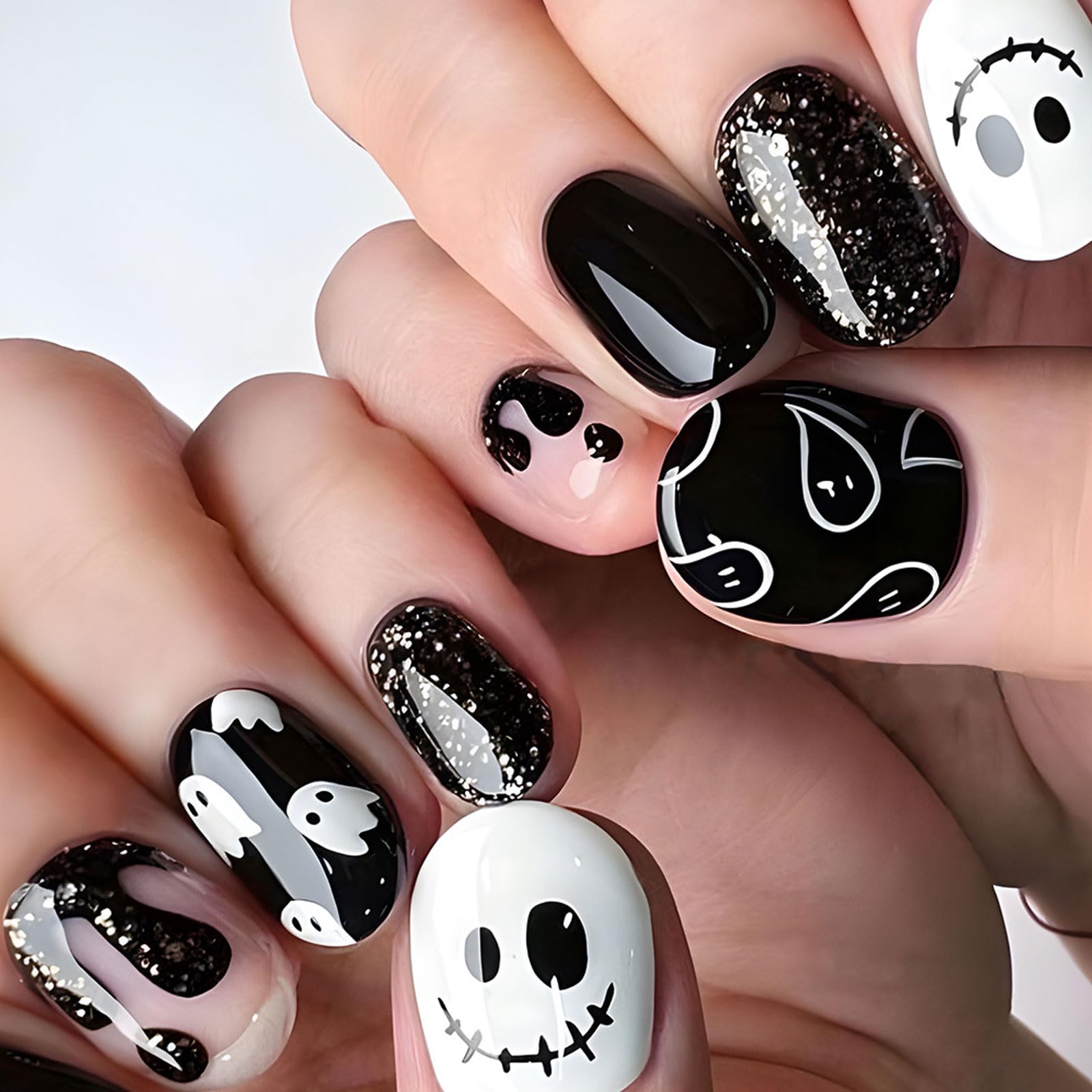 Orange Press On Nails Halloween Fake Nails Square Short French False Nails Spider Web Glitter Pumpkin Stick on Nail Art Design Women Girl Nail Decoration for Halloween Theme Makeup Party-(04)