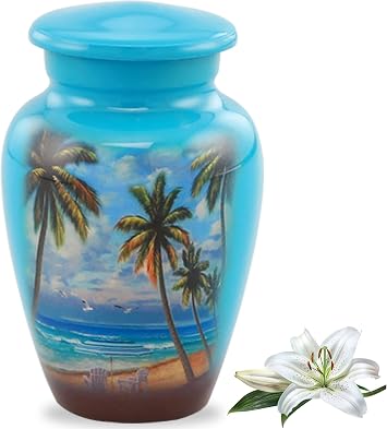 Paradise Beach Keepsake Urn - Hand Painted Miniature Palm Trees Urn with Premium Case & Bag