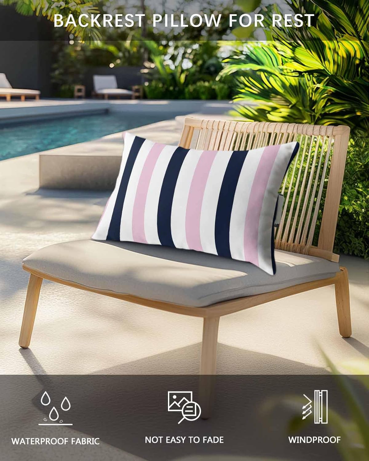 Pack of 2 Outdoor Lumbar Pillow Covers 11x16 Inch, Pink Navy Blue Striped Waterproof Throw Pillow Covers Set, Farmhouse Stripe Art Indoor&Outdoor Decorative Cushion Cases for Patio Porch Beach