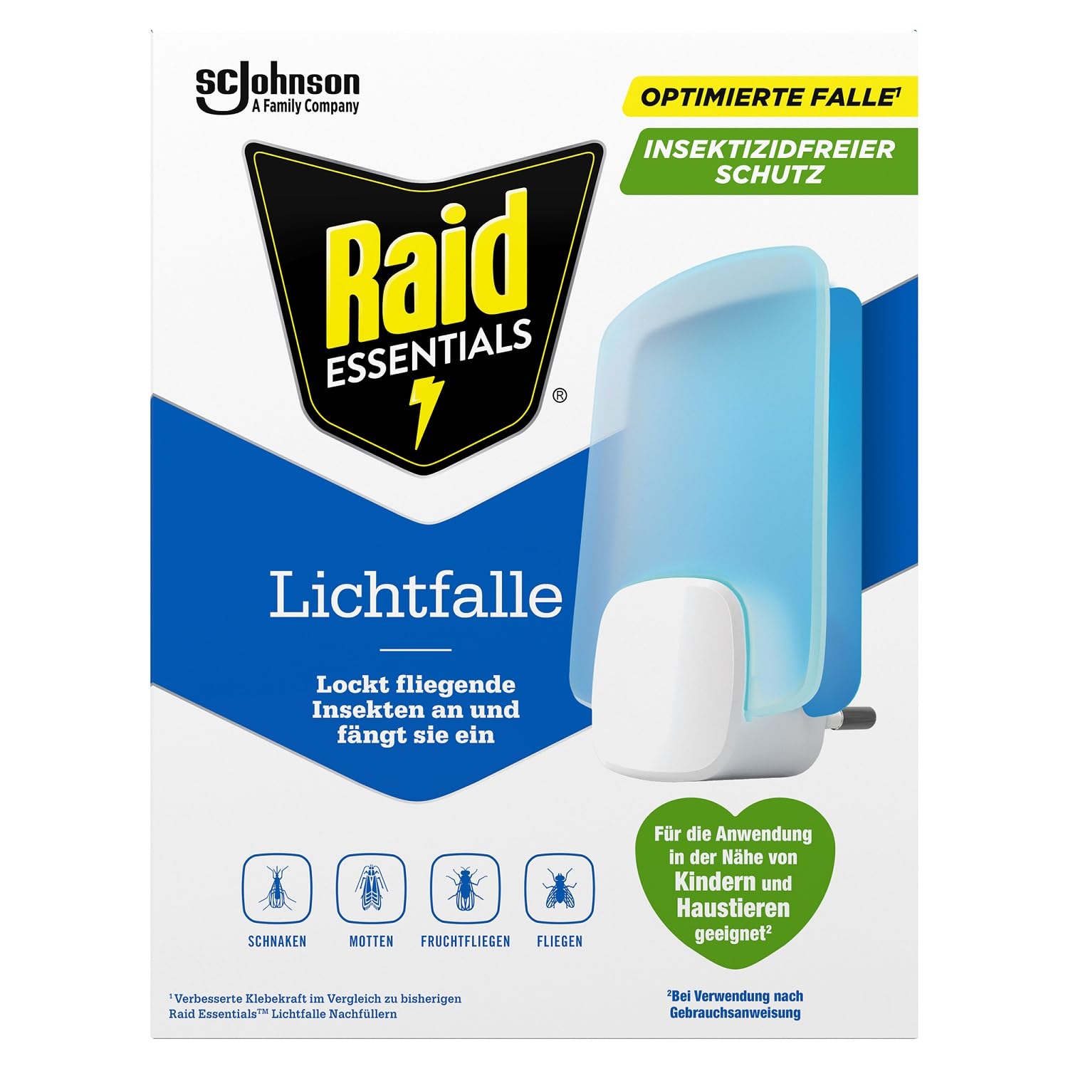Raid Essentials - Trappola luminosa a LED per mosche, mosche e tarme, protezione 24/7, senza insetticidi, adatta alla famiglia, inodore e senza residui, per interni, 1 trappola luminosa e 1 ricarica