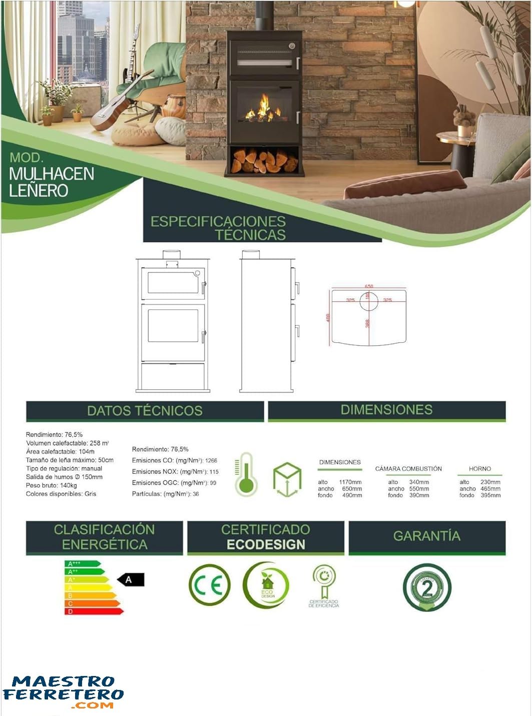 Poêle à Bois MULHACEN Bûcher 11,60 kW avec Four, Plateau Acier Inoxydable et Grille