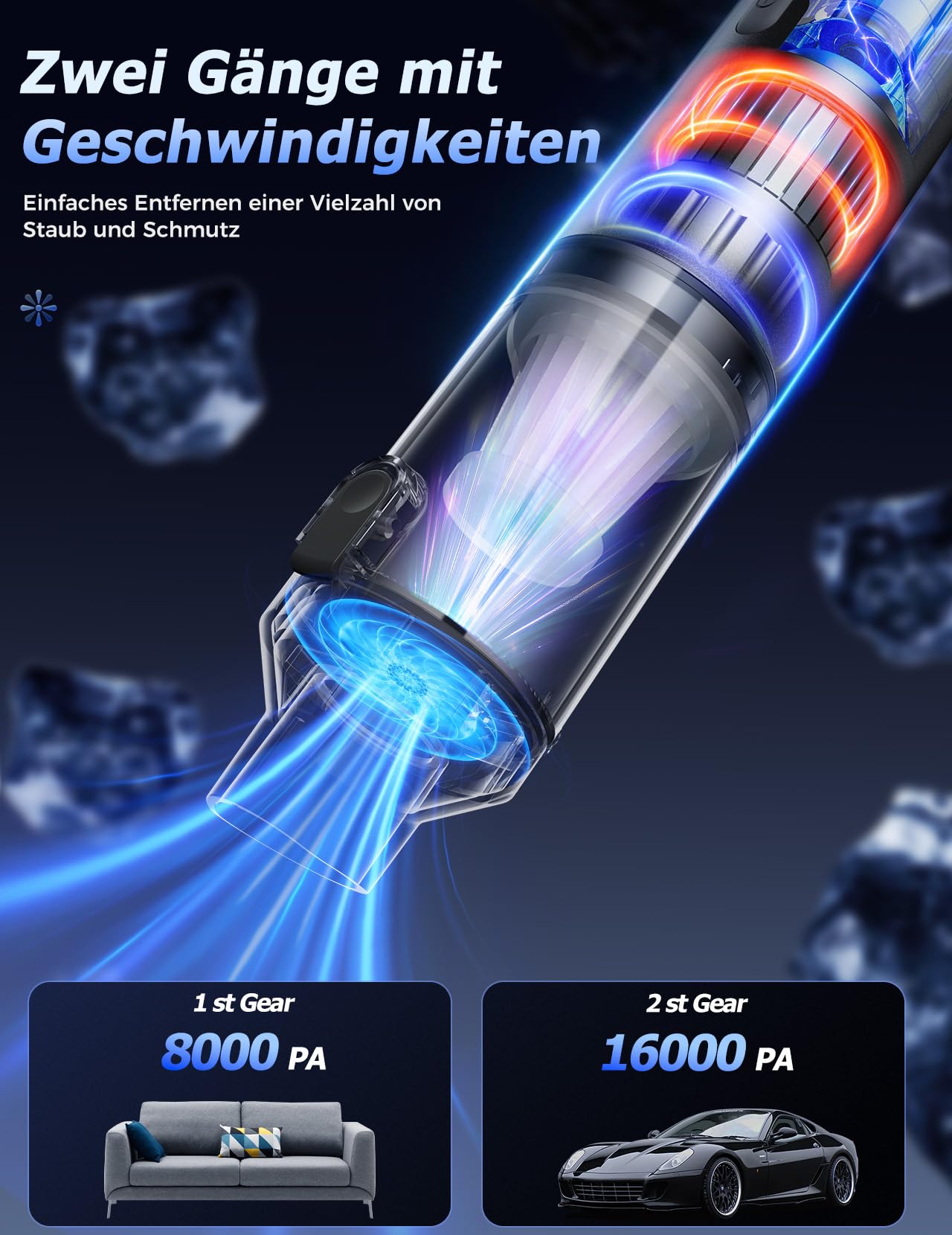 Handstaubsauger Akku, 4-in-1 Autostaubsauger Akku, 16000PA Auto Staubsauger Stark, 30 Min Laufzeit, USB-C Ladung, Mini Staubsauger für Auto, Haustiere, Sofa, Tastaturen, Büro