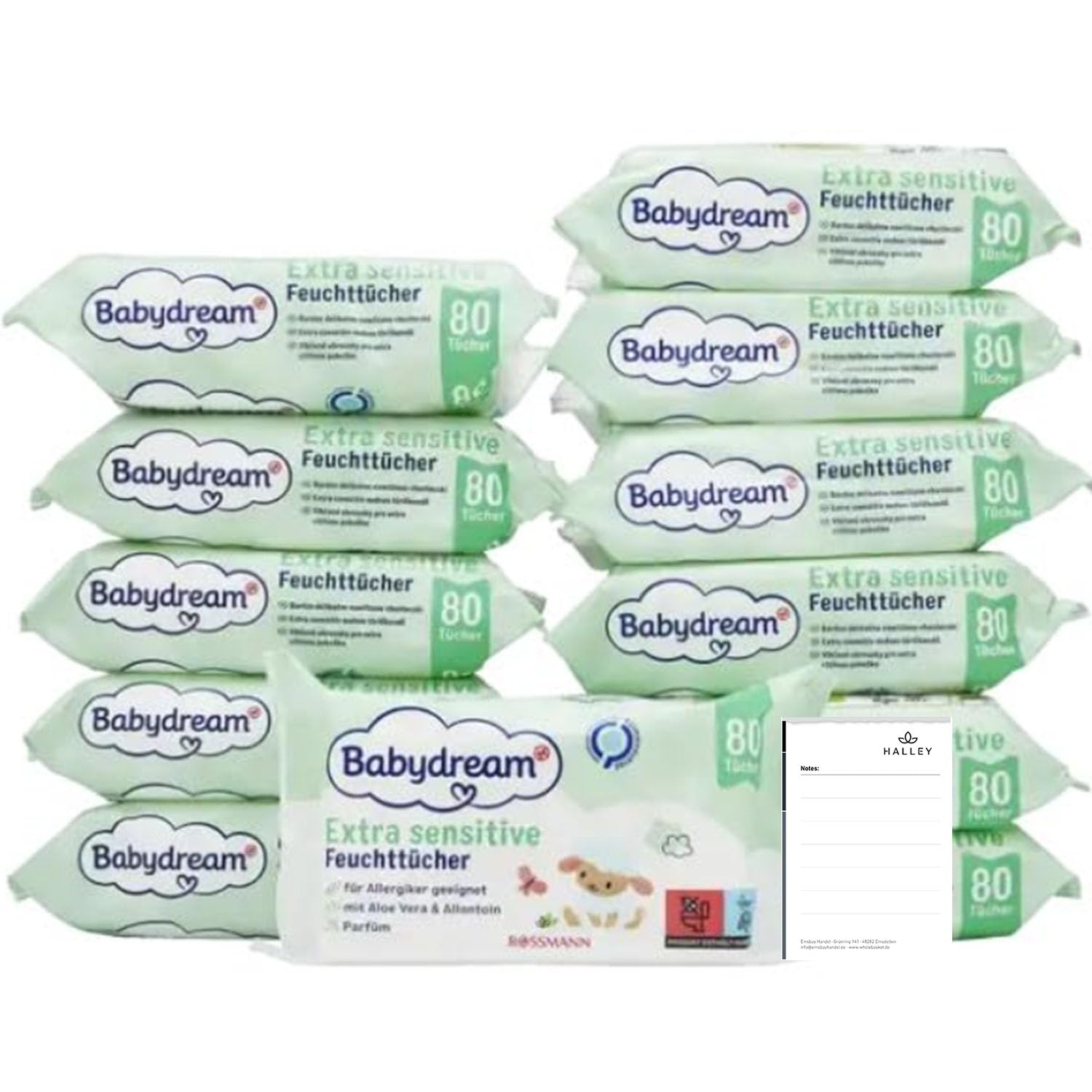 Halley Bedding Bundle: Babydream Feuchttücher 12x80 inkl Notizblock | Ohne Parfüm, mit Aloe Vera & Allantoin. 12x80er Pack (Gesamt 960 Tücher). Hautverträglich & bei Neurodermitis geeignet