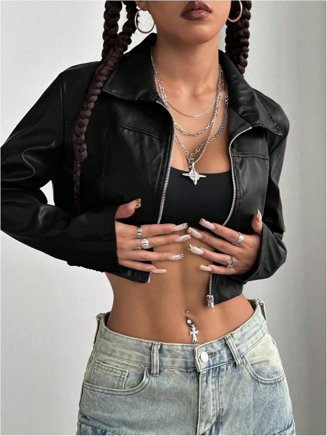 Verdusa Women's Motorcycle Leather Race Car Jacket Cropped Streetwear Lightweight Long Sleeve Outerwear - Image 4