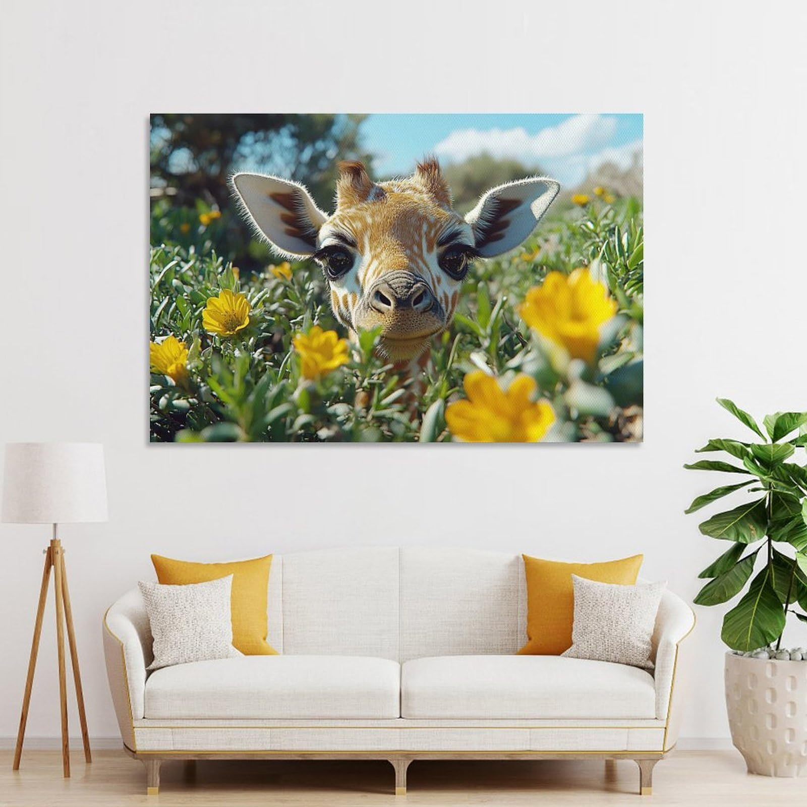 Junmoney Unframe-Style Baby Giraffe In Flowers Canvas Wall Decor, 16X24inch(40X60cm), For Apartment Walls, Studios Or Work Areas, Decorative Canvas Decor For Home Updates