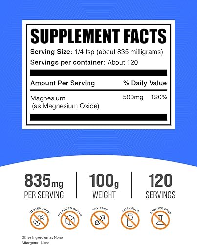 Miniatura 2 de BulkSupplements. com Polvo de óxido de magnesio Suplemento de óxido de magnesio, óxido de magnesio 500 mg Sin gluten, 835 mg (500 mg de magnesio)