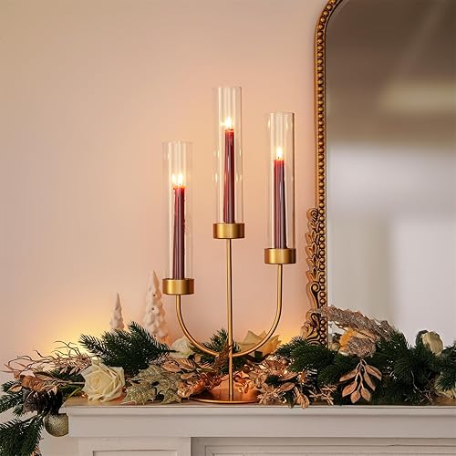 Miniatura 4 de Sziqiqi Candelabros Gold Candelabros Centro de mesa de candelabro de 3 brazos con huracán de vidrio para mesa de comedor chimenea - Portavelas