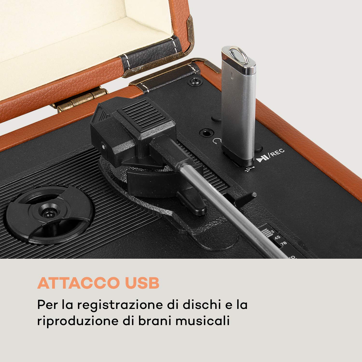AUNA Jerry Lee - Giradischi Vintage, Lettore Vinili, Unità a Cinghia, Altoparlanti Stereo, USB, 3 Velocità, 33/45/78 giri/min, 3 Dimensioni di Dischi, Funzione di Avvio Automatico, Marrone Chiaro