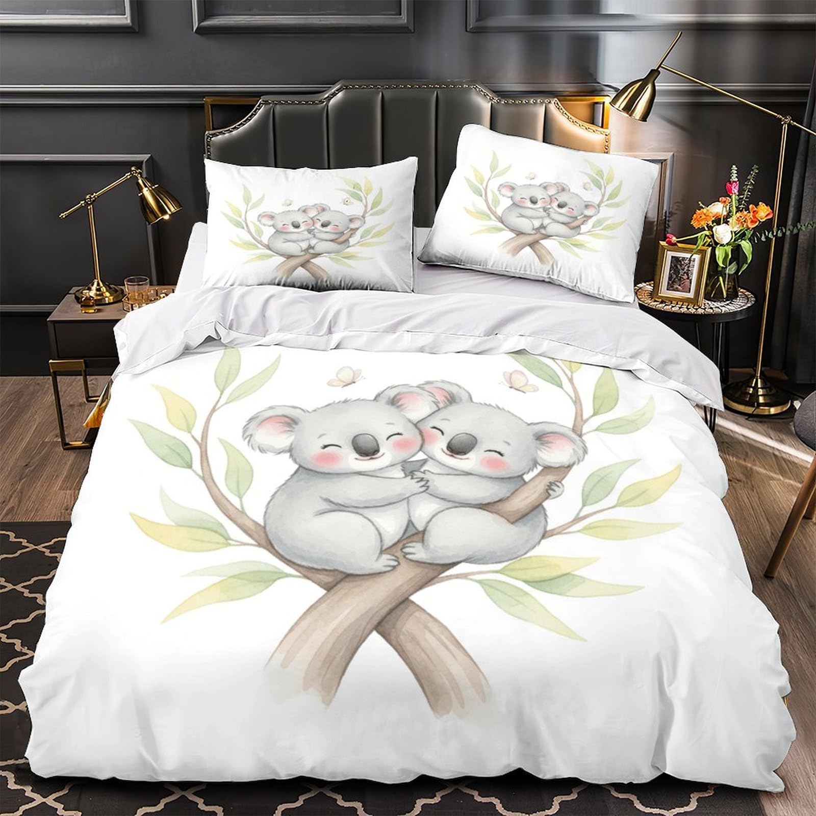 süßes Koala-Pärchen 3D Bedruckt Bettdeckenbezug 3teilig Mikrofaser leichtgewichtig Aquarellillustration Bettbezug 2 Kissenbezüge hautfreundlich Erwachsene Familie Super King（260x220cm）