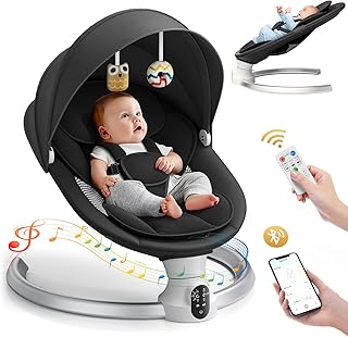 Electric Baby Bouncer Chair, Ixdregan App & Remote Control Electric Baby Swing with Bluetooth, 5 Swing Speeds and 3 Timer, 10 Preset Lullabies, Soft Padded Newborn Toddler Bouncer (App Black)