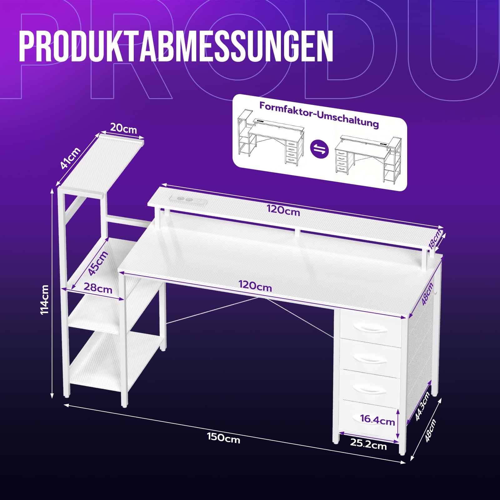 YOUDENOVA Scrivania da gioco con 4 cassetti in tessuto, 150 x 48 cm, reversibile, con LED e presa, scrivania da ufficio con supporto per monitor, porta USB, tavolo per PC per casa, ufficio e giocatori