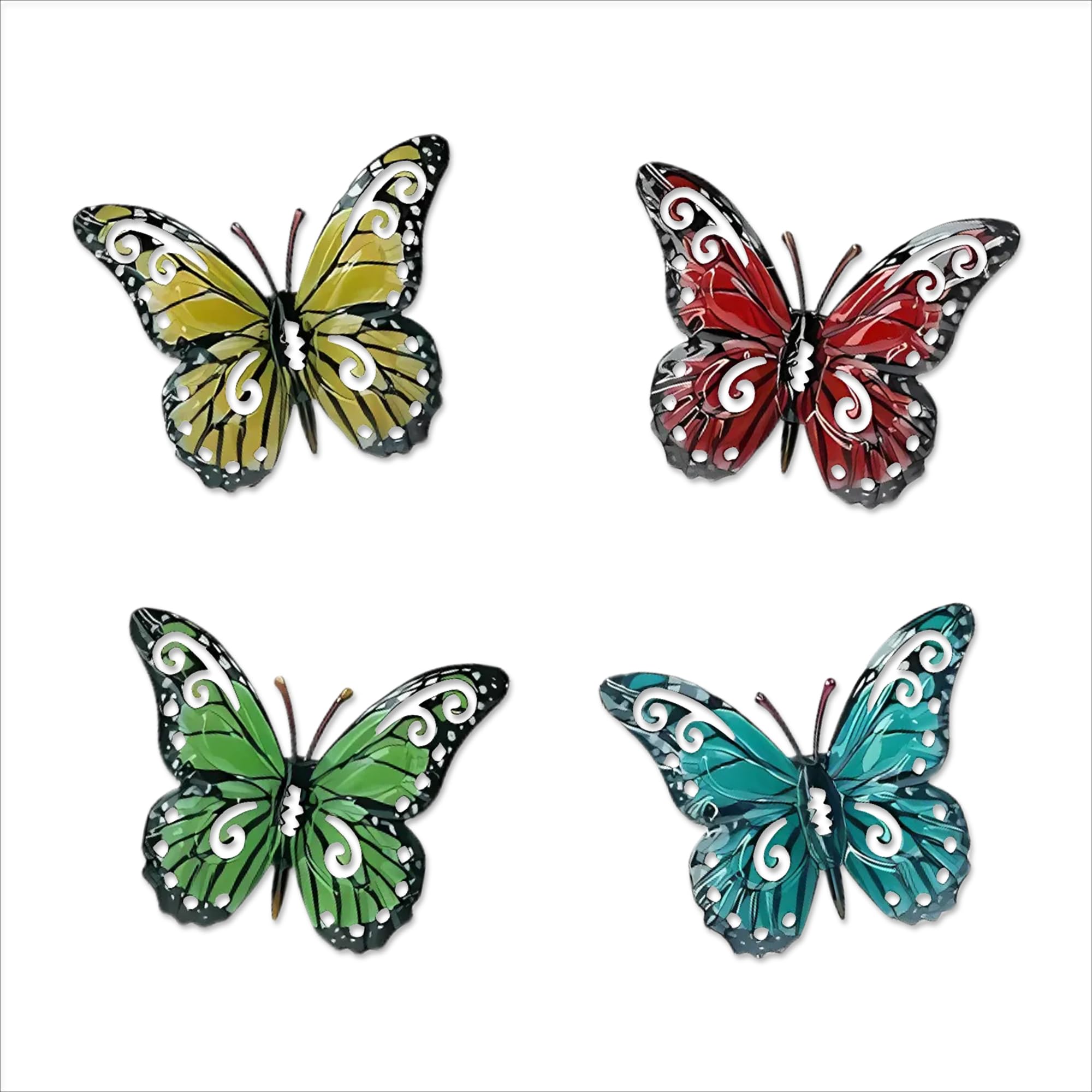 Lotus Set of 4 Metal Butterfly Wall Art Decorations, Red/Yellow/Green/Blue Garden Fence Ornaments for Outdoor Walls, Sheds & Indoor Home Decor (Multicolour)