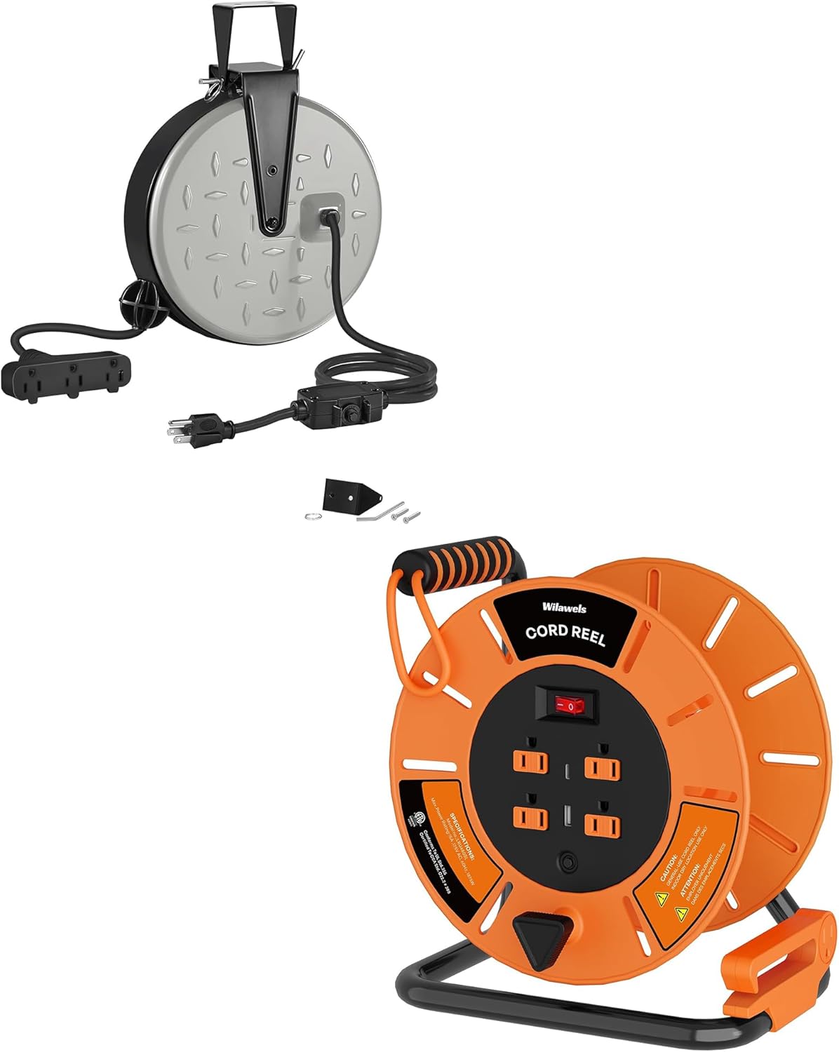 30 Ft Retractable Extension Cord Reel and Extension Cord Storage Reel with 4-Grounded Outlet & 2 USB Port Bundle, for Garage and Shop S30CR06-G85CR06