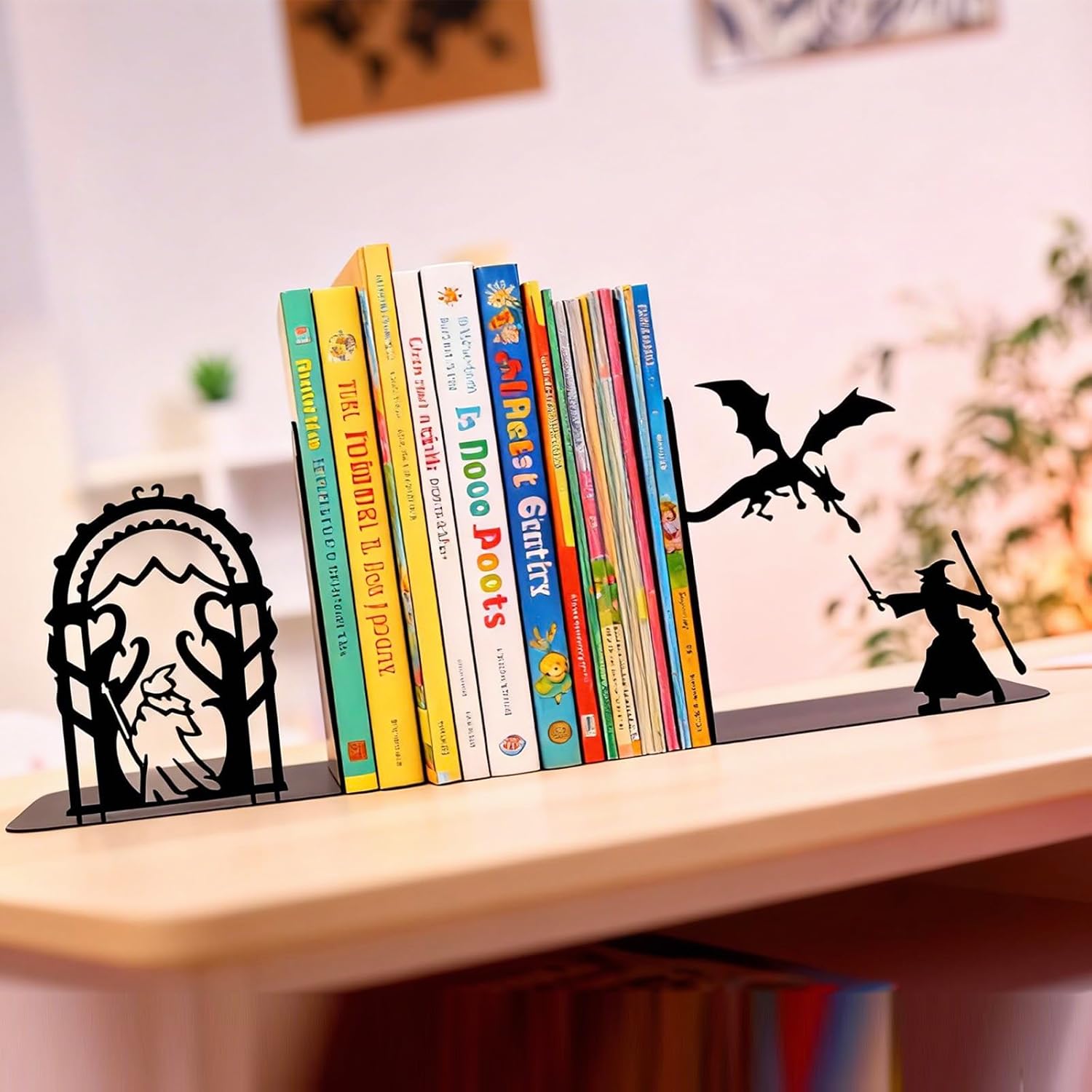 Dragon and Wizard Fantasy Bookends for Shelves, Heavy Duty Metal Book Ends, Unique Gothic Decor Book Stopper for Book Lovers