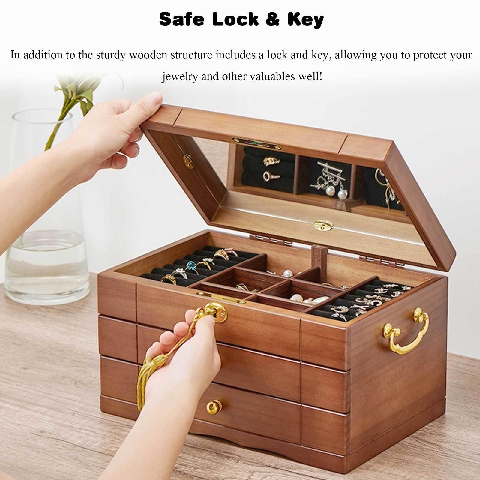 Jewelry Organizer Wooden Jewelry Box With Lock Key For Women