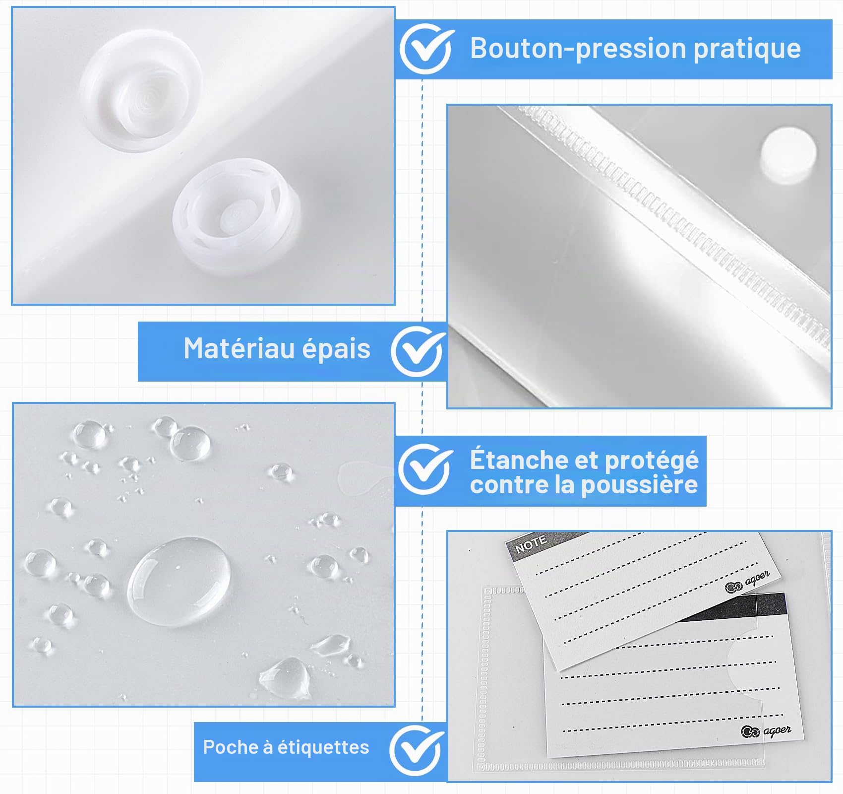 Lot de 48 porte-documents DIN A5 avec bouton pression transparent A5 avec pochette pour étiquettes pour factures, reçus, documents