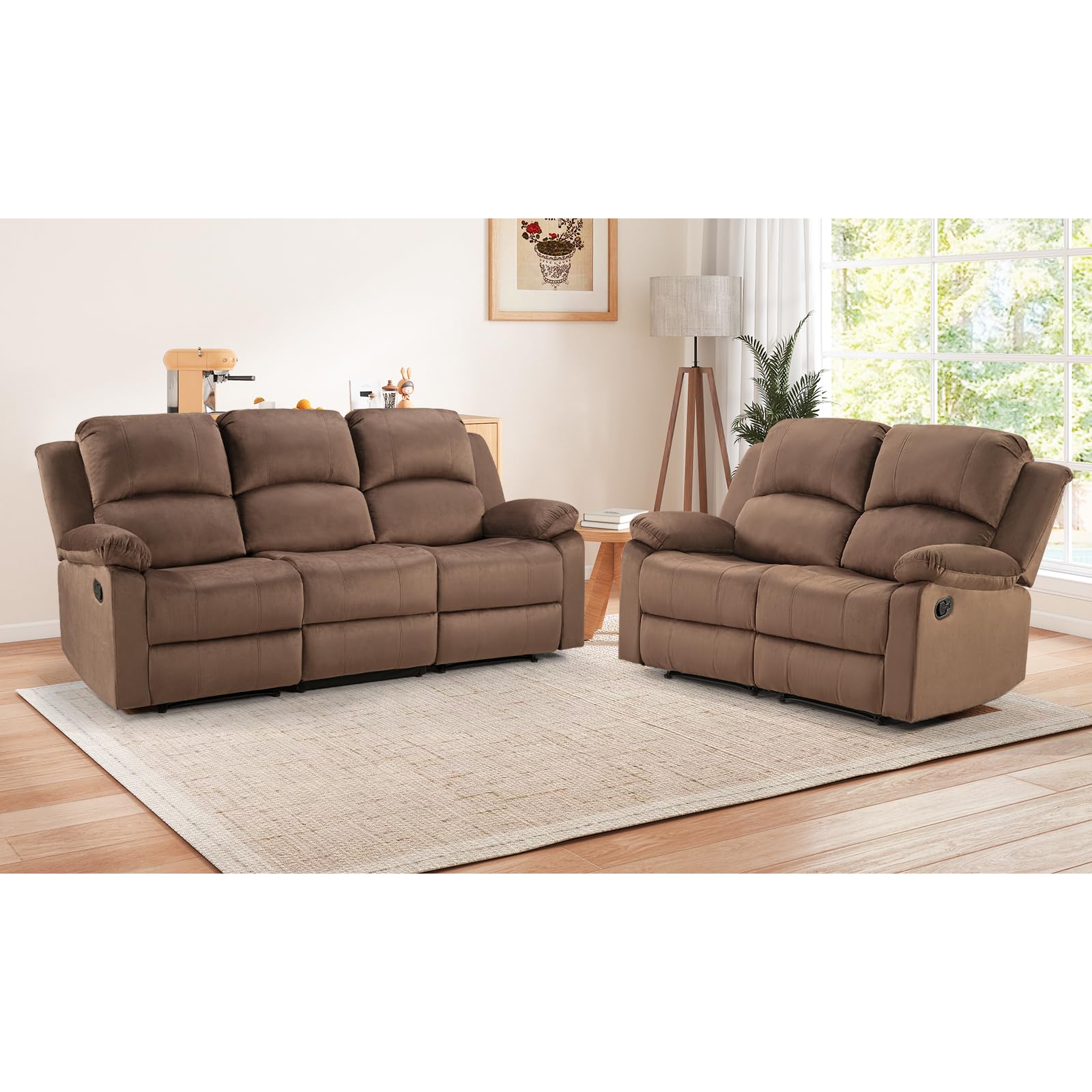 EBELLO Manual Reclining Couch Set for Living Room, Include 1 Loveseat, 3 Seat Sofa, Modern Microfiber Recliner Sofa Furniture Set for Home and Office, Brown view 8