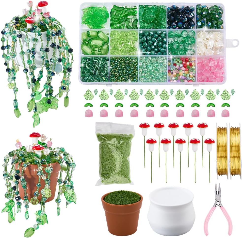 OLYCRAFT About 6081Pcs Beaded Plant Kit Mushroom Forever Plant Kit Glass Plants Making Set for Succulent Plants DIY Craft Colorful Dangling Charms Sun Catcher Window Home Décor Jewelry Making