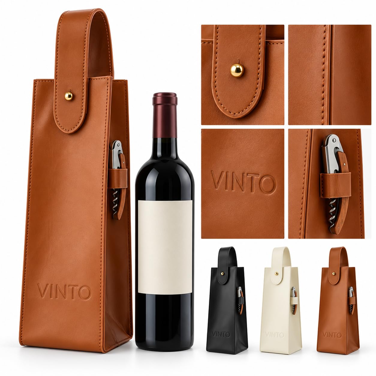 Generisch VINTO Weintasche für 1 Weinflasche – Flaschentasche & Geschenkverpackung (Cognac, mit Korkenzieher)