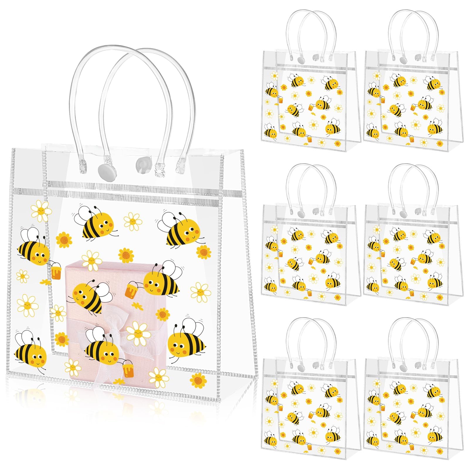 30Pcs Bee Clear Gift Bag with Handle PVC Honey Bee Party Goodie Treat Bags Snack Bag for Bees Theme Birthday Gender Reveal Baby Shower Party Favor