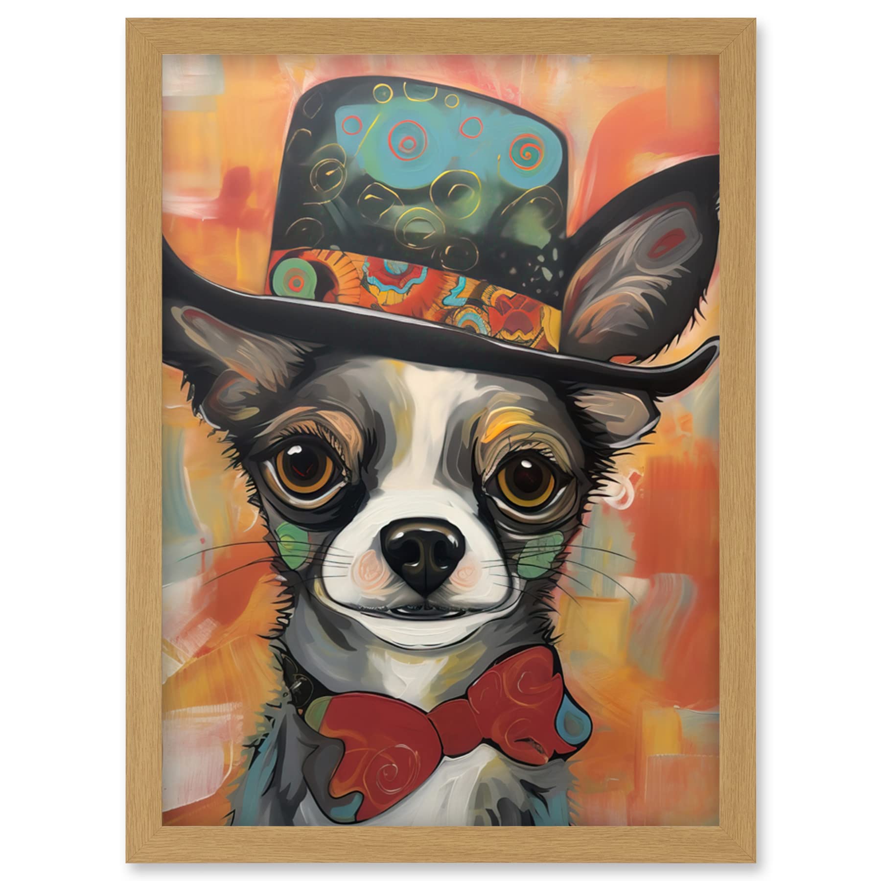 Artery8 Chihuahua Dog Top Hat and Bowtie Modern Folk Art Artwork Framed Wall Art Print A4