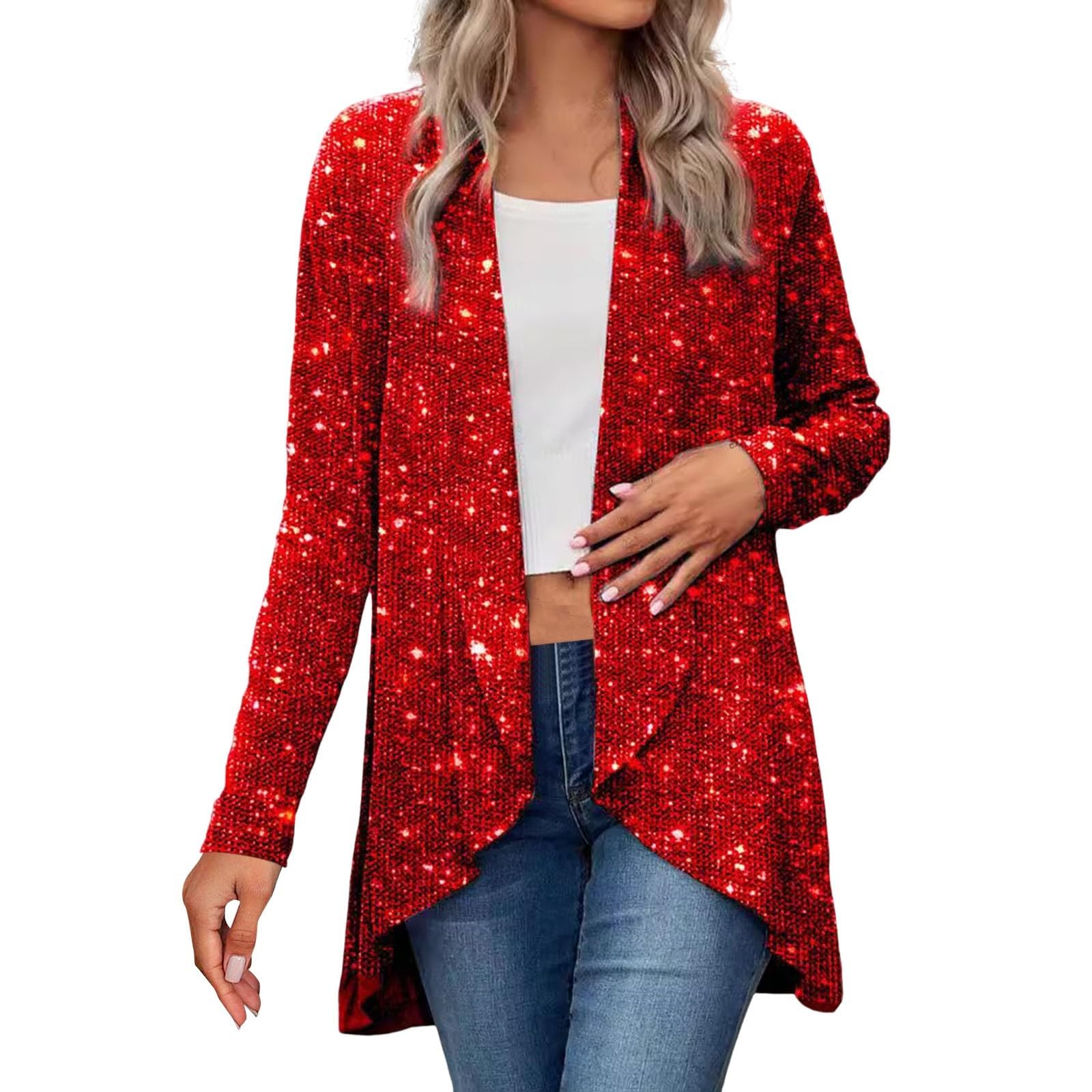 Long Blazer Jackets for Women Plus Size Sparkly Glitter Open Front Blazer Casual Lightweight Long Sleeve Dressy Tops