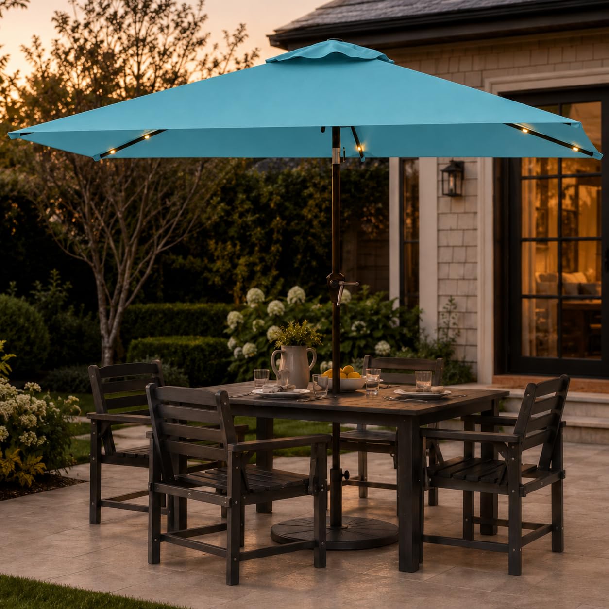 Photo 1 of Patio Kingdom 6.5 x 10ft Rectangular Patio Umbrella with Solar Lights, 16 LED Lighted Market Umbrella with Push-Button Tilt and Crank, 6 Sturdy Iron Ribs for Garden, Deck, Pool, Sky Blue