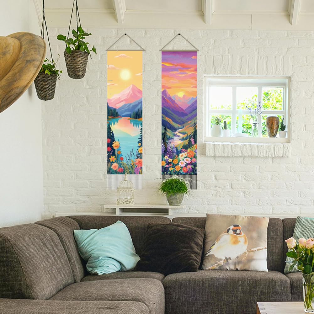 Lot De 2 Tapisseries Murales Lever De Soleil Sur Mer - 33x130 Cm, Décoration Bohème